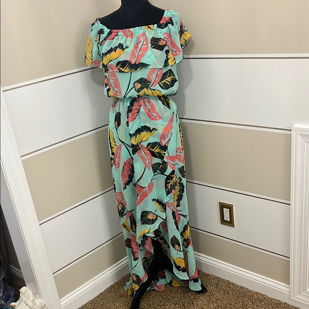 Express Tropical Leaf High Low Dress